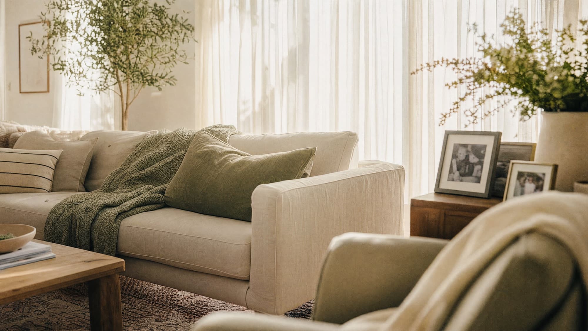 A warm, sunlit living room with framed family photographs
